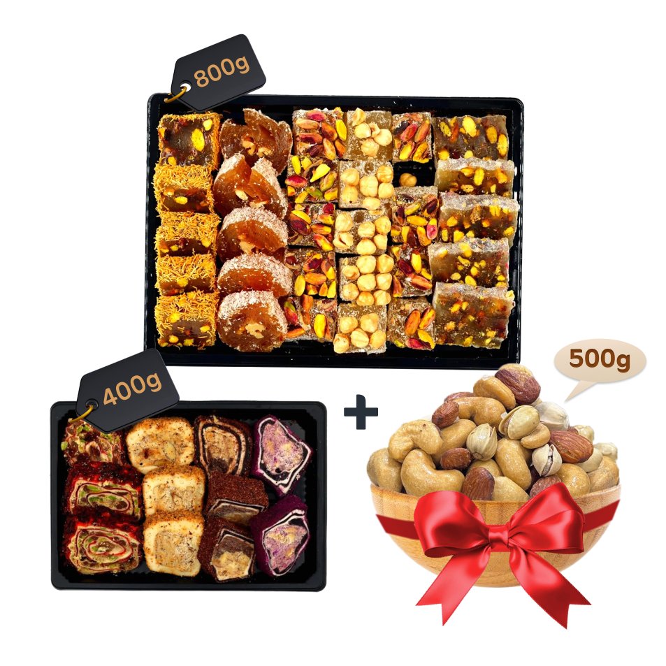 ١ (5) راحة تركية مشكلة – 800غ + حلقوم تركي فاخر – 400غ + هدية مكسرات مشكلة مالحة فاخرة 500غ - Image 1