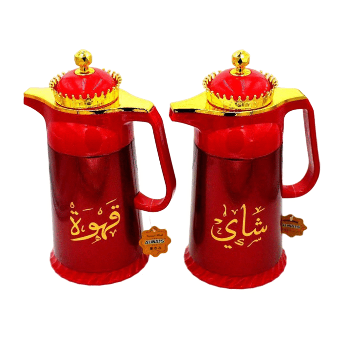 ⁦طقم ترمس قهوة وشاي فاخر باللون الأحمر مع لمسة ذهبية – سعة 1 لتر⁩ - الصورة ⁦1⁩