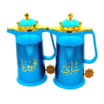 طقم ترمس قهوة وشاي فاخر باللون الأزرق مع لمسة ذهبية – سعة 1 لتر