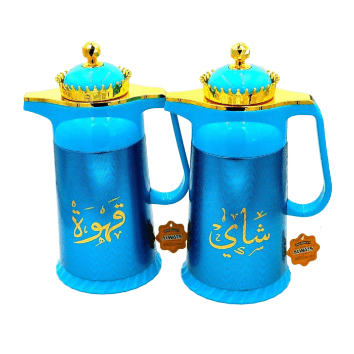 ⁦طقم ترمس قهوة وشاي فاخر باللون الأزرق مع لمسة ذهبية – سعة 1 لتر⁩ - الصورة ⁦1⁩
