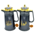 طقم ترمس قهوة وشاي فاخر باللون الرمادي مع لمسة ذهبية – سعة 1 لتر