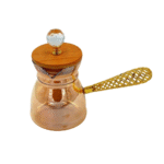 دلة قهوة زجاجية فاخرة بمقبض ذهبي وغطاء خشبي مع كريستال