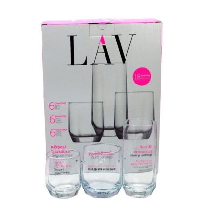 طقم كاسات زجاج ماركة LAV – 18 قطعة (3 مقاسات)