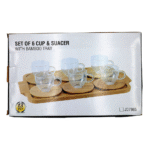 طقم فناجين قهوة زجاجي شفاف مع صينية خشب بامبو