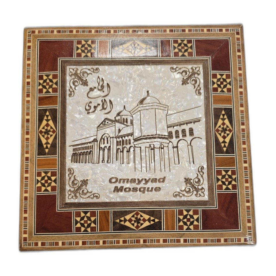 mosaic-box-umayyad-mosque-1 صندوق موزاييك مربع بلوحة الجامع الأموي المحفورة على الصدف